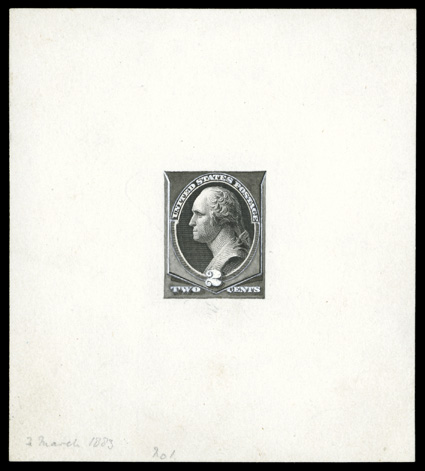 210-E3, 2c Black vignette proof mounted on watercolor frame design, on 80x90mm card, with pencil ms. 3 March 1883 No. 1 at bottom left, fresh and very fine an impressive and
unique essay.