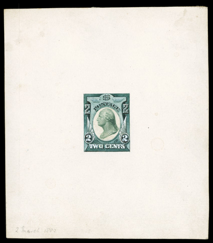 210-E4, 2c Dusky blue green engraved vignette on white background mounted on a brush and watercolor unadopted design, 88x101mm on card, with pencil ms. 2 March 1882 at bottom
right, ABNCo handstamp on reverse, very fine a unique and visua