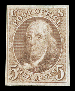 3, 5c Red brown reproduction, without gum as issued, large margins all around, vivid rich color and sharp impression on fresh paper, very fine.