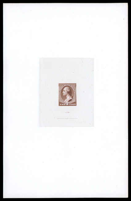 210P1, 2c Red brown, large die proof on India, die sunk on full size 140x219mm card, with gilded edges from a salesmans sample book, marvelously fresh, extremely
fine.