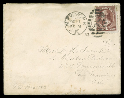 210, 2c Red brown, centered a bit to top and a couple slightly toned perf. tips, tied by New YorkOct 1 83 first day of issue duplex postmark to cover to San Francisco, Oct. 7th
arrival backstamp, cover with flap missing and small opening
