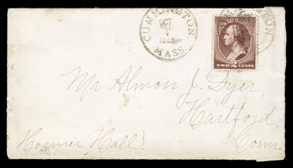 210, 2c Red brown, exceptionally well centered single with intense color, tied by Cummington, Mass.Oct 1 1883 first day of issue c.d.s. to cover to Hartford, Ct., postmark
repeated at left of stamp, cover backstamped the same day, very fi