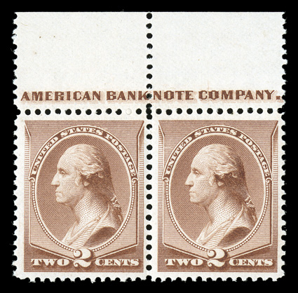 211B, 2c Pale red brown special printing, top margin imprint pair, marvelously bright and fresh, o.g., lightly hinged, very fine Robinettes Special Printing handstamp on
reverse of left stamp, and a PF certificate for the block of four from wh
