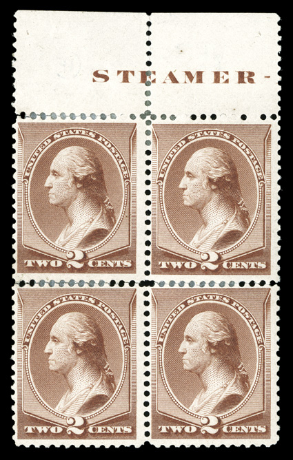 211B, 2c Pale red brown special printing, top margin block of four with Steamer imprint, the bottom two stamps had become separated have been reattached with hinges, bright
fresh color, full o.g., fine a rare block signed HFC (Colman) in t