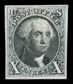 4, 10c Black reproduction, without gum as issued, four margins, strong color, very fine.