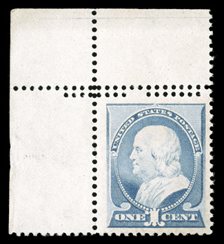 212, 1c Ultramarine, striking top left corner margin single, posessing enormously large margins and being exceptionally well centered within them, rich color and a sharp
impression on fresh paper, o.g., faintly hinged, extremely fine jumbo 1988