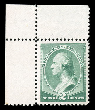 213, 2c Green, an incredibly choice top left corner sheet-margin mint single, featuring huge perfectly balanced margins all around, bright fresh color, o.g., barest trace of
hinging (if at all), a superb jumbo for the perfectionist 1989 PF cert