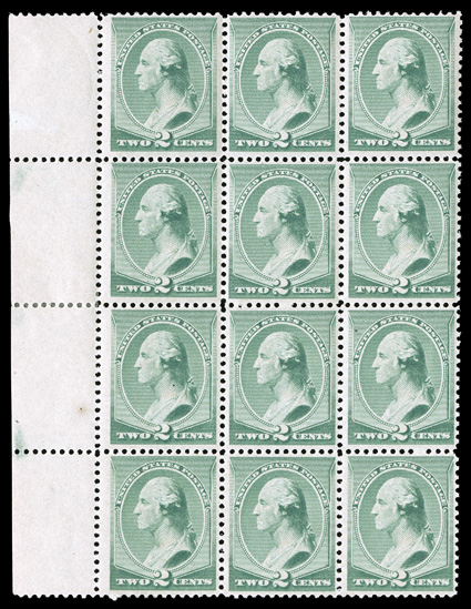 213, 2c Green, left sheet-margin block of twelve (3x4), warm color, o.g., never hinged except top right stamp and left stamp in second row faintly hinged, fine-very
fine.