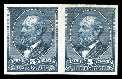216b, 5c Indigo, imperforate, horizontal pair, large margins around, strong rich color, o.g., never hinged, choice very fine especially scarce in this premium
quality.