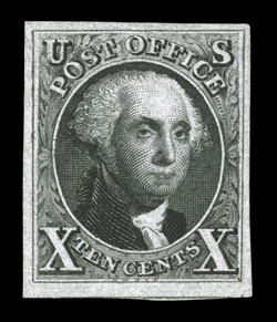 4, 10c Black reproduction, without gum as issued, full to large margins all around, strong impression, blue handstamp on reverse, minute corner crease at bottom left, otherwise
very fine.