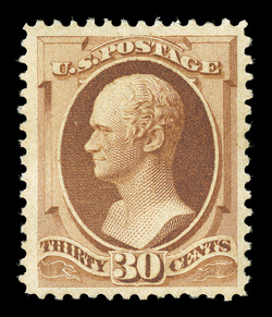 217, 30c Orange brown, gem mint single, extraordinarily well centered within uncommonly large margins, sumptiously rich color on exceptionally fresh paper, o.g., very lightly
hinged, extremely fine.