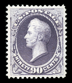 218, 90c Purple, an incredibly fresh and choice mint example, featuring an overall brilliance very few others enjoy, with truly prooflike color and impression on bright untoned
paper, extraordinarily well centered as well, with large margins all