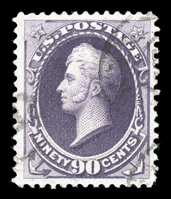 218, 90c Purple, a rather attractive used example, featuring particularly deep color and a prooflike impression on bright white paper, well centered and margined, uncommonly
light cancel, choice very fine 2001 PSE certificate.