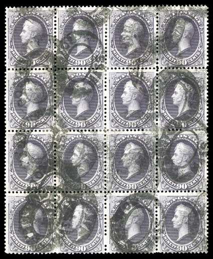 218, 90c Purple, an impressive used block of sixteen (4x4), cancelled by Boston oval pmks., strong rich color, perf. separation here and there, some of which has been
reinforced with hinge slivers, trivial wrinkle, right stamp in the third row w