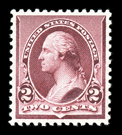 219D, 2c Lake, an incomparable mint example of this surprisingly difficult stamp, being in a condition unlike any other we have offered in our auctions, featuring flawless
centering amid large margins, marvelously rich and true Lake color, plus