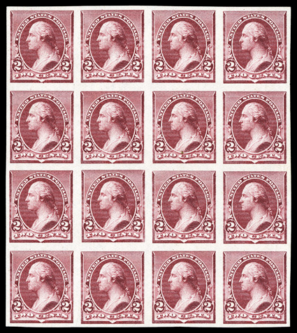 219De, 2c Lake imperforate, without gum as usual, block of sixteen, large margins all around, strong color, faint vertical crease at far left, otherwise extremely
fine.