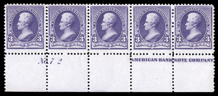 221, 3c Purple, full bottom imprint and plate No. 72 strip of five, well centered, wonderfully bright and fresh, pristine o.g., never hinged, very fine cataloged as five
singles.