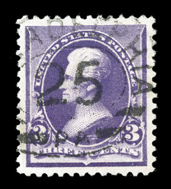 221, 3c Purple, flawless used example, featuring mathematically precise centering within lavishly large margins, strong vibrant color, light cancel of a Philadelphia double
oval, an extremely fine gem in every respect 2009 PSE certificate (Supe