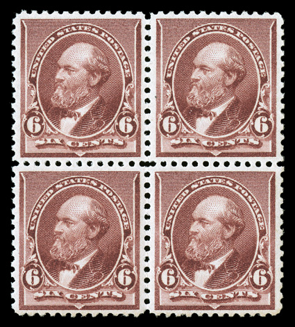 224, 6c Brown red, mint block of four, exceedingly well centered (especially the top stamps), lovely rich color, o.g., never hinged, extremely fine.