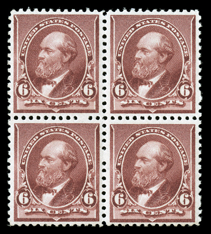 224, 6c Brown red, mint block of four, uncommonly well centered, strong bright color, o.g., never hinged, very fine-extremely fine.