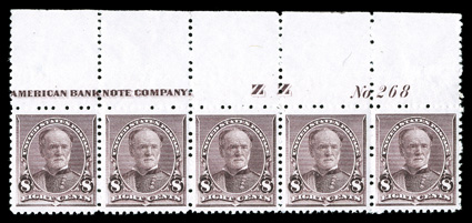 225, 8c Lilac, full top margin imprint and plate No. 268 strip of five, exceedingly well centered, uncommonly fresh, with rich bright color on pristine white paper, o.g., never
hinged, very fine cataloged as five singles.