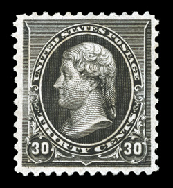 228, 30c Black, a most impressive mint example of this particularly challenging stamp, exceedingly well centered within large margins, strong color and a well defined
impression, unblemished o.g., never hinged, extremely fine actually a very ra