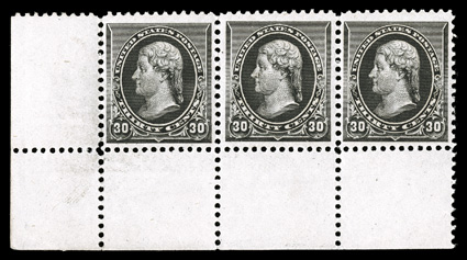 228, 30c Black, bottom left corner margin strip of three, well centered and margined, strong color, o.g., never hinged, middle stamp with tiny natural gum crease, perf.
separation between left stamp and selvage, very fine.