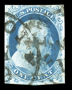 5A, 1c Blue, Ty. Ib, position 8R1E, one of the two best positions of Type 1b, full to mostly large margins around showing the important characteristics fully, rich color and a
sharp impression on fresh white paper, town cancels, horizontal creas