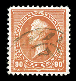229, 90c Orange, an exceptional used example of this high value, which Lester Brookman states that fine used copies are very difficult to find because the cancellation usually
obliterates the stamp most effectively, wonderfully bright and fres
