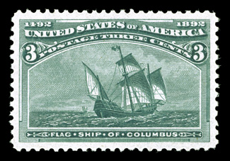 232, 3c Columbian, a magnificent quality mint single, featuring not only flawless centering amid extravagantly large margins, but its color and impression are also far more
intense than usual on bright crisp paper, o.g., never hinged, an extreme
