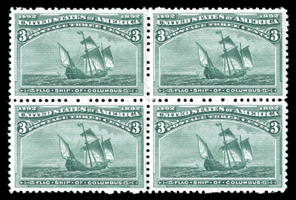 232, 3c Columbian, mint block of four, exceptionally well centered, rich color, o.g., n.h., extremely fine.