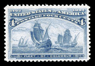 233, 4c Columbian, well centered within exceptionally large margins, fresh color, o.g., n.h., extremely fine 1988 PF certificate for a pair, this being the right
stamp.