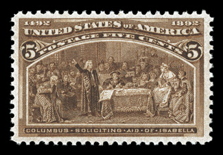 234, 5c Columbian, deep luxuriant color and a razor-sharp impression, well centered within large margins, pristine o.g., n.h., extremely fine 1996 PSE certificate for a block
of four, this being the bottom right stamp.