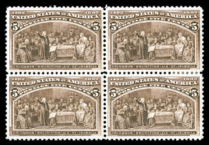 234, 5c Columbian, mint block of four, exceedingly well centered, strong color, o.g., small hinge sliver between right two stamps, otherwise never hinged, extremely
fine.