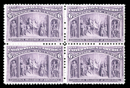 235, 6c Columbian, mint block of four, very well centered, bright fresh color, o.g., n.h., very fine-extremely fine.