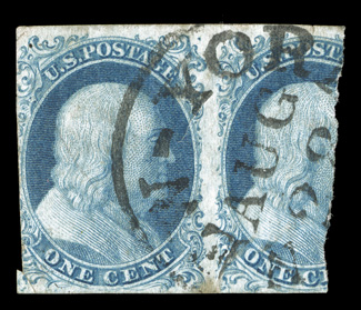 5A, 1c Blue, Ty. Ib, position 3R1E, with a large portion of the adjoining Ty. 1b stamp at right (position 4R1E), into the design at left, top and bottom margins large showing
the important Ty. 1b characteristics fully, bright color, neat c.d.s.