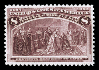 236, 8c Columbian, handsome mint single, exceptionally fresh, with deep rich color on crisp white paper, quite well centered within large margins, o.g., n.h., extremely fine
1996 PF certificate.