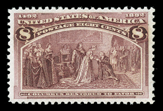 236, 8c Columbian, gorgeous rich color and a crisp impression on bright white paper, wonderfully well centered and margined, o.g., just a trace of hinging, extremely fine 2006
PSE certificate (XF-Superb 95 SMQ $200.00).