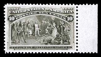 237, 10c Columbian, a gem right sheet-margin mint single, possessing outstanding centering within extravagantly large margins which are most uncharacteristic of this value,
strong fresh color and a sharp detailed impression on crisp paper, prist
