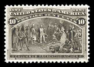 237, 10c Columbian, pristine mint single, with sumptuously black brown color and a razor-sharp impression, exceedingly well centered, immaculate o.g., n.h., extremely fine 1996
PF certificate.