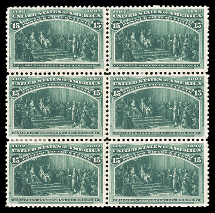 238, 15c Columbian, blocks of four and six, intense color, o.g., l.h. or small h.r. reinforcement, one stamp in block of four with stains, otherwise fine-very
fine.