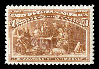 239, 30c Columbian, well centered within uncommonly large margins, fresh color, o.g., n.h., very fine 2000 PF certificate for a block of four, this being the bottom right
stamp.