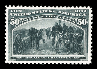 240, 50c Columbian, excellent centering amid extravagantly large margins, rich fresh color and a crisp impression on fresh paper, o.g., n.h., extremely fine actually a very
scarce stamp in this premium never hinged quality 2010 PF certificate.