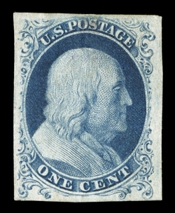6 var., 1c Blue, Ty. Ia, curl in shoulder, position 97L4, a very rare unused example, with large margins all around, rich early color and impression showing the Type Ia
characteristics especially well, repair at top causing a light stain, crea