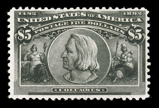 241-45, $1.00-$5.00 Columbians, all nicely centered and margined, bright fresh colors, the $4.00 being the pale aniline rose shade, o.g., most are lightly hinged, very fine an
attractive and well matched set of dollar value Columbians each acc