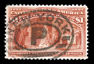 241, $1.00 Columbian, choice used example, exceedingly well centered within large margins, deep fiery color and a crisp detailed impression on fresh paper, New York double oval
cancel, extremely fine 2003 PSE certificate (XF 90 SMQ $1,050.00
