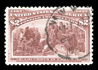 242, $2.00 Columbian, premium used example that is wonderfully well centered amid large margins, bright fresh color, light c.d.s. cancel, extremely fine and quite handsome 1985
PF and 1992 PSE certificates.