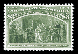 243, $3.00 Columbian, an especially handsome mint example that possesses intensely rich color and a wonderful overall freshness, uncommonly well centered and margined, o.g.,
choice very fine 1981 PF certificate.