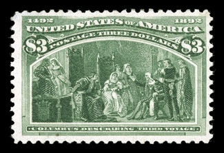 243, $3.00 Columbian, nicely centered, deep color, part o.g., small thin at top, very fine appearance.