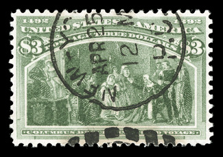 243, $3.00 Columbian, used, exceptionally well centered though reperforated at right, strong color, duplex cancel, extremely fine appearance.